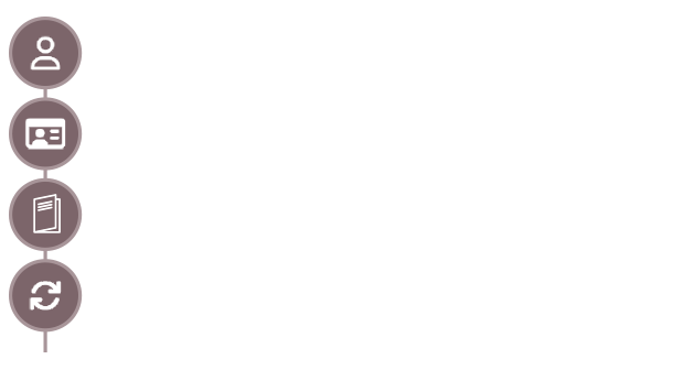 Light brown Icons with white text for client base management, postcards, newsletters, and automated client follow up