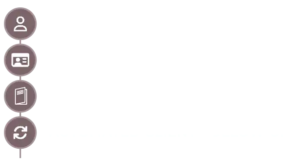 Light brown Icons with white text for client base management, postcards, newsletters, and automated client follow up