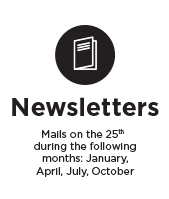 Newsletter Icon with information on mailing underneath "Mails on the 25th during the following months: January, April, July, October"