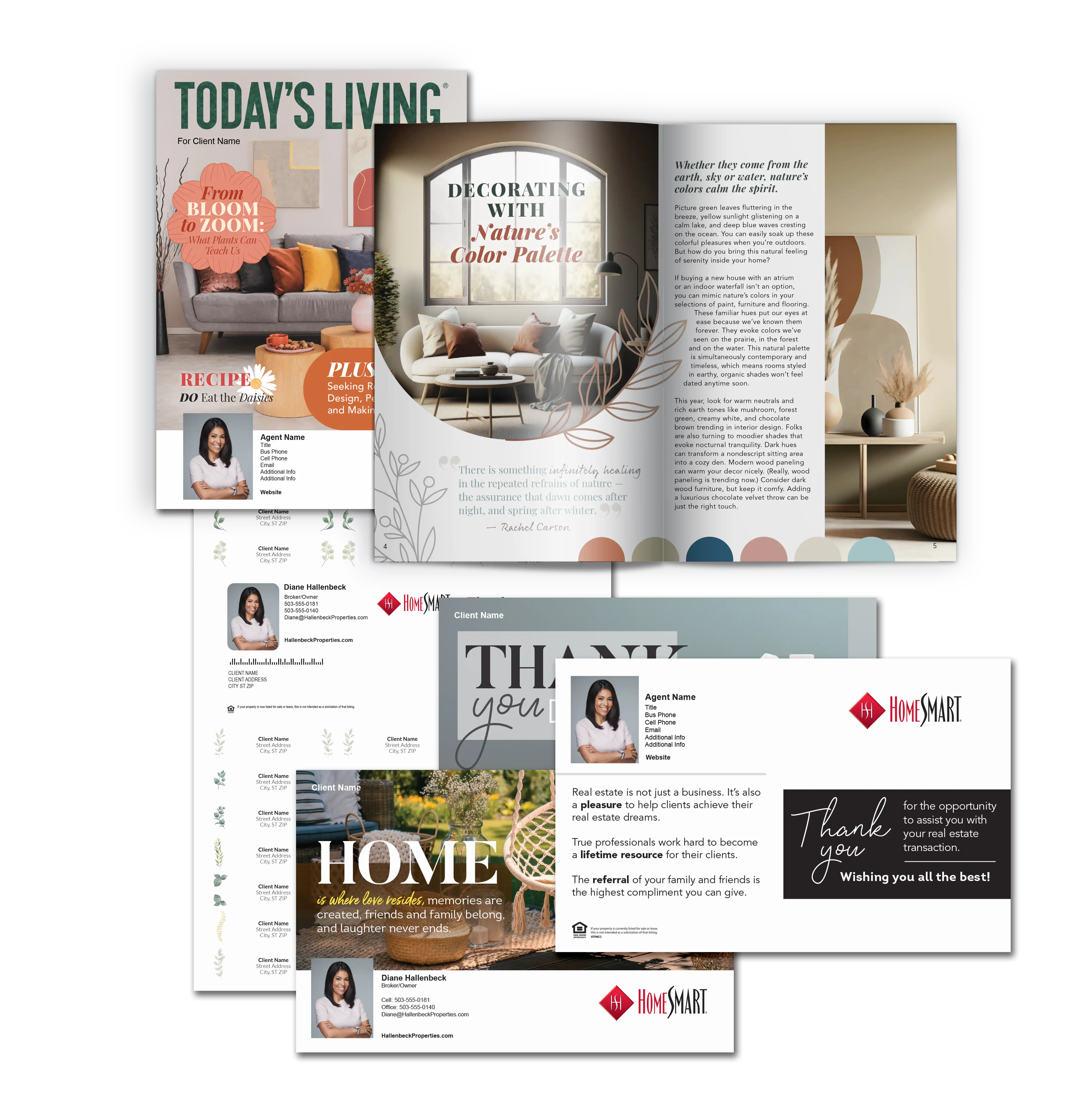 Magazines, Address Labels, and postcards featured in the Client Follow Up product
