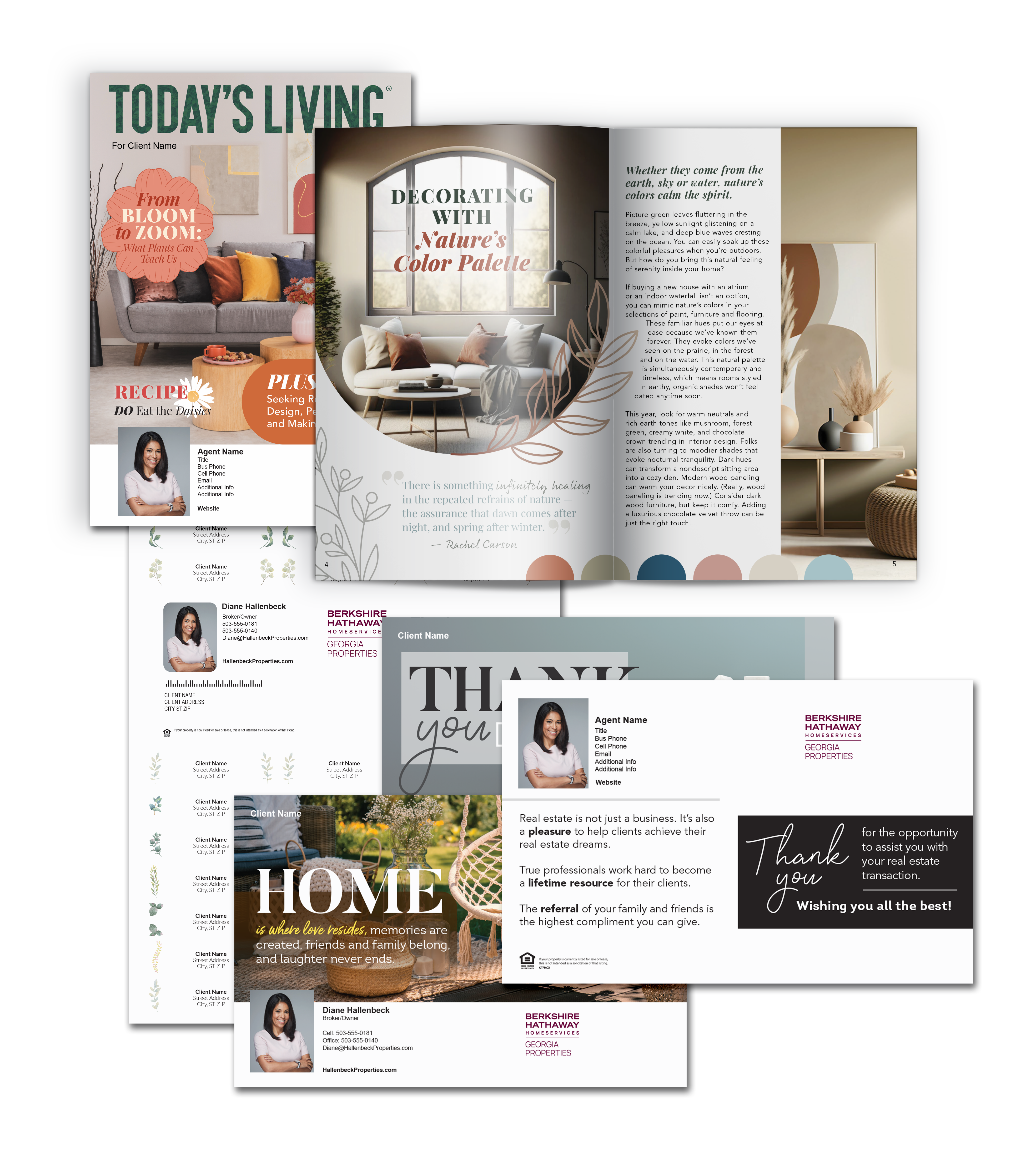 Magazines, Address Labels, and postcards featured in the Client Follow Up product