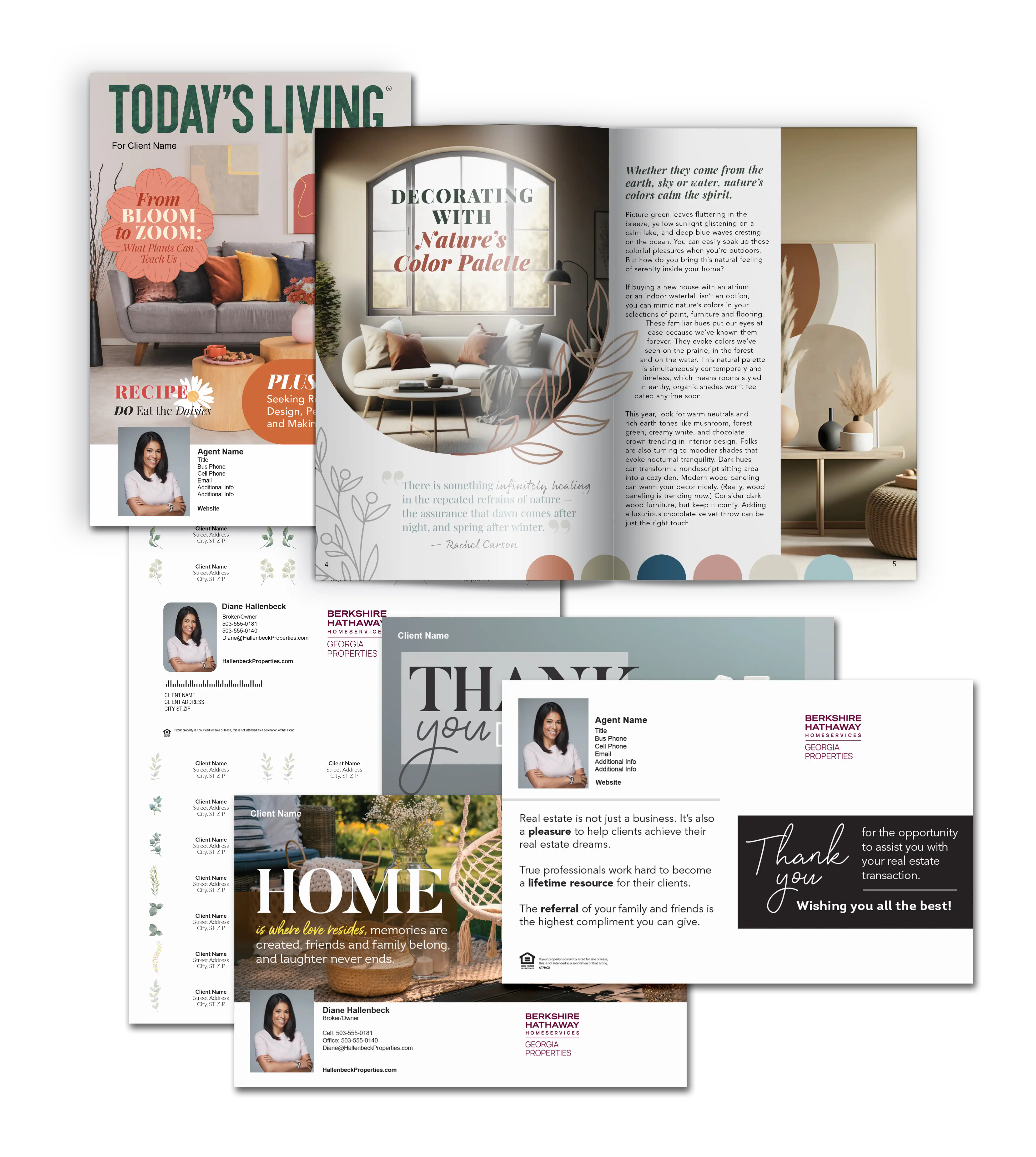 Magazines, Address Labels, and postcards featured in the Client Follow Up product