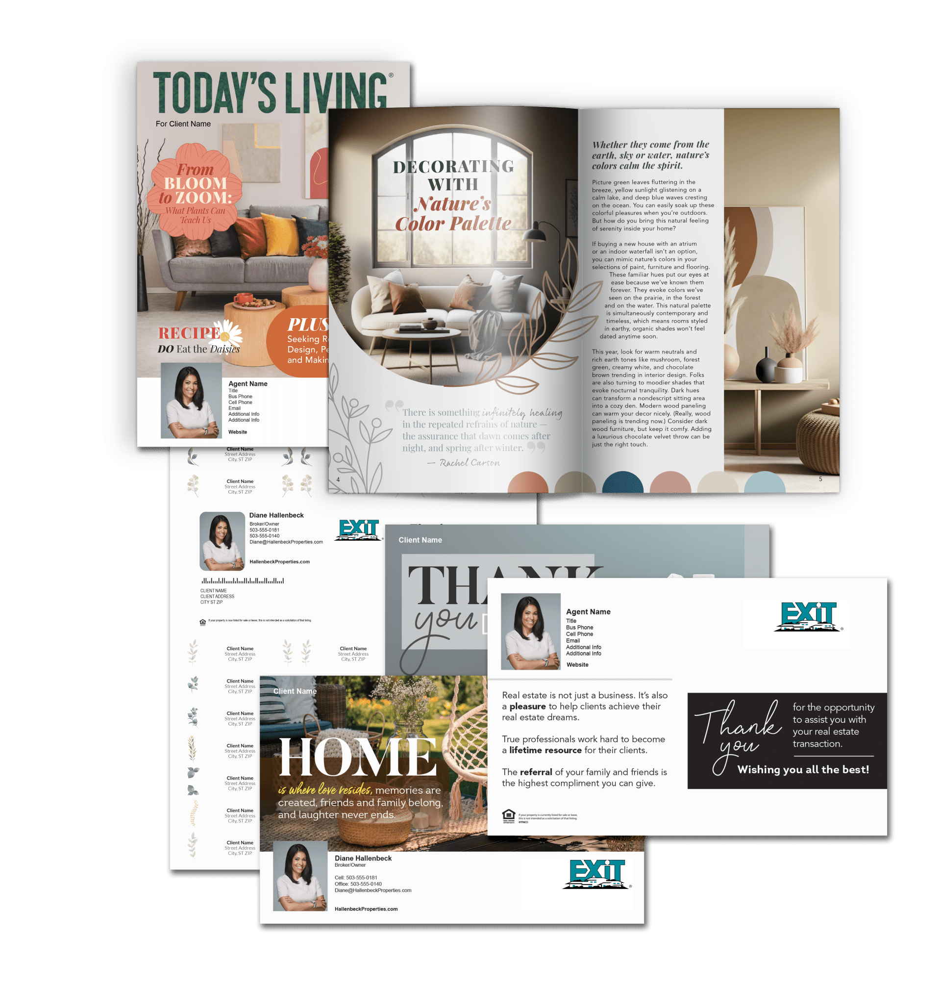 Magazines, Address Labels, and postcards featured in the Client Follow Up product